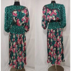 VTG Susan Frain Emerald Green Pink Dress Sz. L